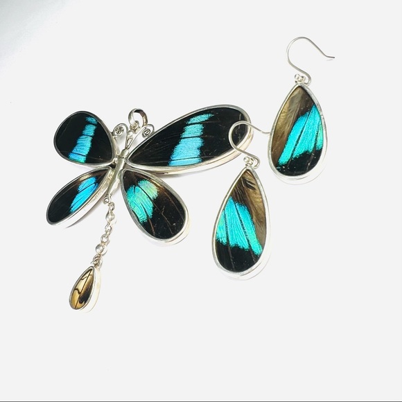 Super Pretty Real Blue Butterfly Sterling Silver Pendant and Earrings Set - Picture 2 of 9